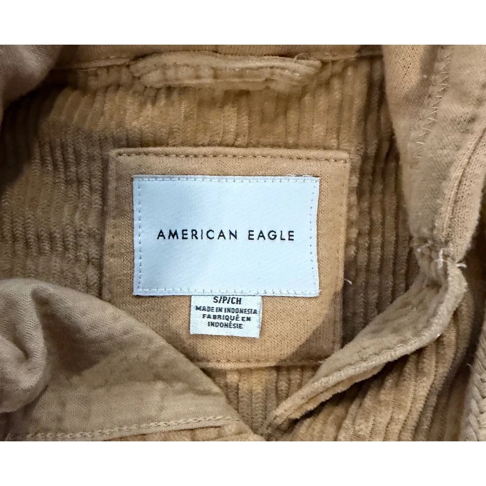 American Eagle Womens S Tan Corduroy Hooded Cropped‎ Button Front Jacket Shacket